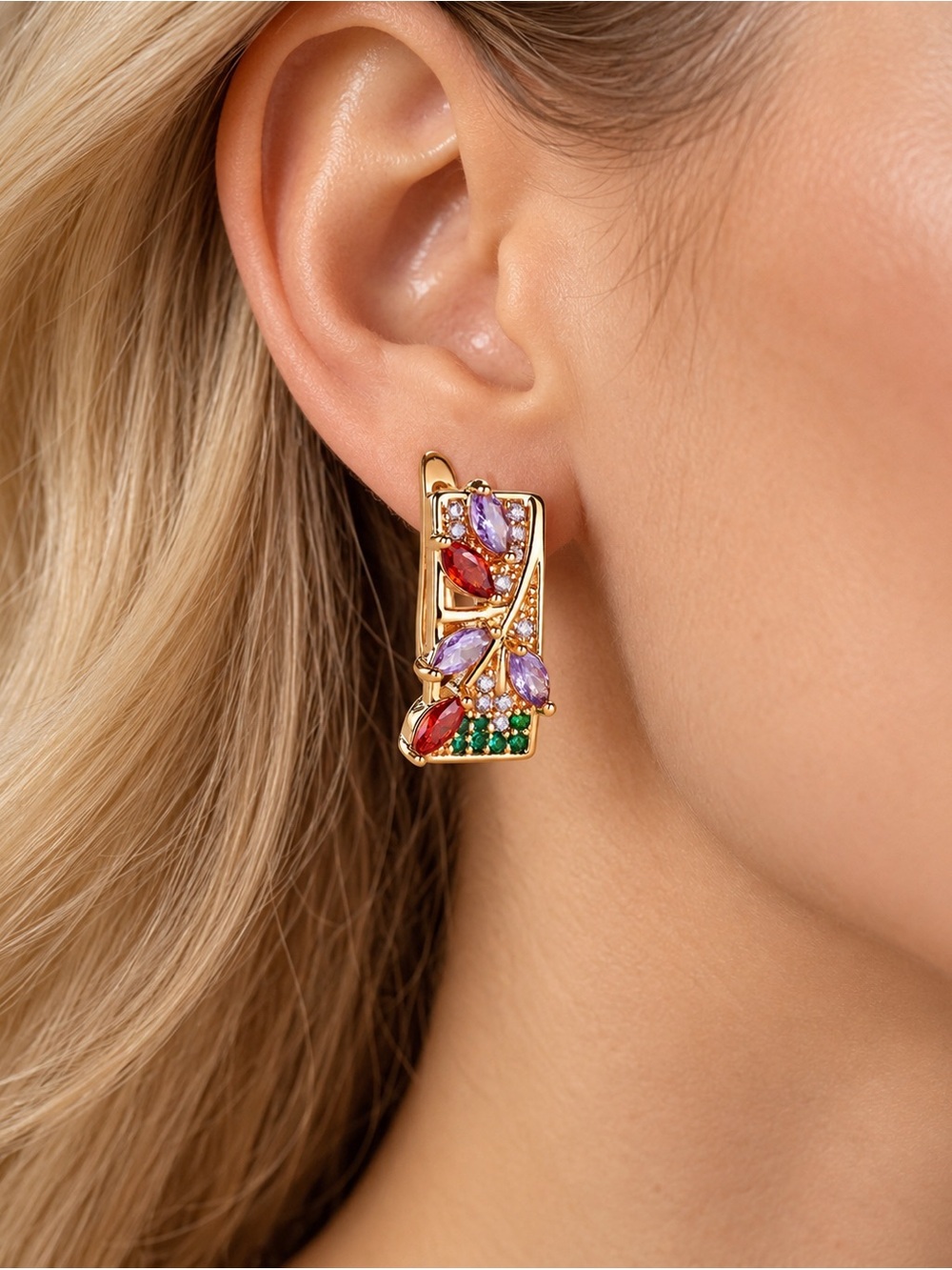 Italian Gold Plated Multicolor Crystal Statement Drop Earrings Luxury Jewelry